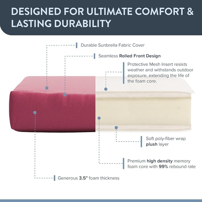California Umbrella Outdoor Dining Chair, Set of 2 Patio Seat Cushions, 20 x 40 Inch, Premium Outdoor Memory Foam, Fade Resistant, Sunbrella Fabric, Fabric Ties, Hot Pink