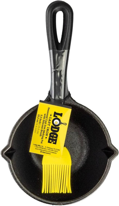 Lodge 15.2 Ounce Cast Iron Melting Pot + Silicone Basting Brush - Unparalleled Heat Retention - Heat Resistant Basting Brush up to 450° - Black and Yellow