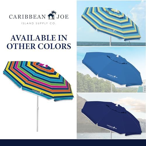 Caribbean Joe Beach Umbrella, Portable and Adjustable Tilt Sun Umbrella with UV Protection, Vented Canopy, Full 6.5 ft Arc