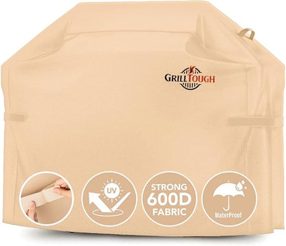 GrillTough Heavy Duty BBQ Grill Cover for Outdoor Grill, 58 Inch – Waterproof, Weather Resistant, UV & Fade Resistant with Adjustable Straps – Gas Grill Cover for Weber, Genesis, Charbroil, etc. Tan