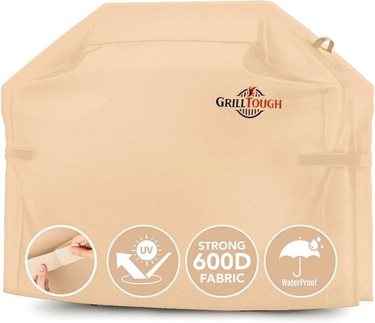 GrillTough Heavy Duty BBQ Grill Cover for Outdoor Grill, 58 Inch – Waterproof, Weather Resistant, UV & Fade Resistant with Adjustable Straps – Gas Grill Cover for Weber, Genesis, Charbroil, etc. Tan