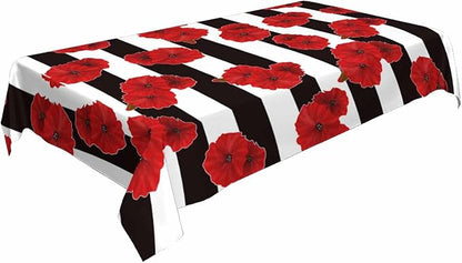 TKS MITLAN Black White Stripe Tablecloth 52 x 70 Inch Rectangular Red Flower Poppy Petal Bloom Bright Color Plant Oblong Table Cloth Kitchen Table Decorations for Home Dinner Party