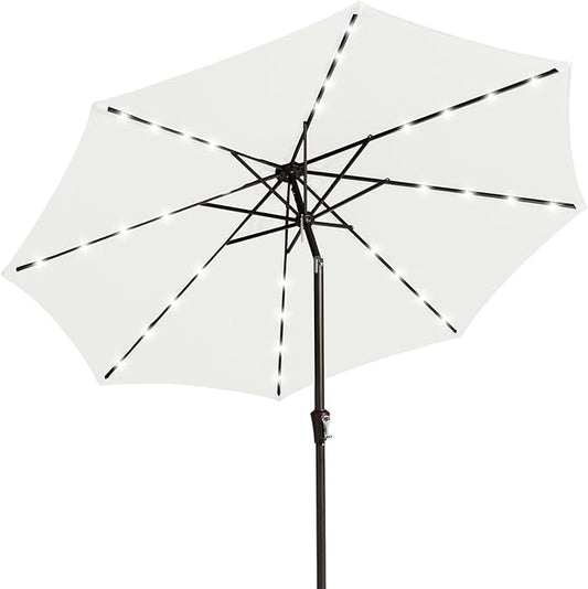 JEAREY 9FT Outdoor Patio Umbrella with Solar Lights, LED Lighted Pool Umbrella with Tilt and Crank, Outdoor Table Umbrellas for Deck, Yard & Market (Off White)
