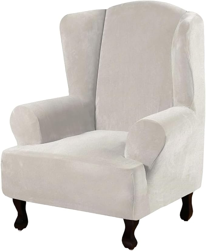 H.VERSAILTEX Wingback Chair Covers Velvet Plush Wing Chair Slipcover 1 Piece High Stretch Wing Back Chair Slipcovers Sofa Cover Furniture Cover with Elastic Bottom, Oatmeal