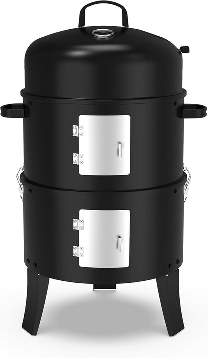 16" Charcoal Smoker, 3 in 1 Heavy Duty Vertical Barbecue Grill, Outdoor Fire Pit 402 Square Inches Cooking Area, Versatile Outdoor Smoker Grill, Black
