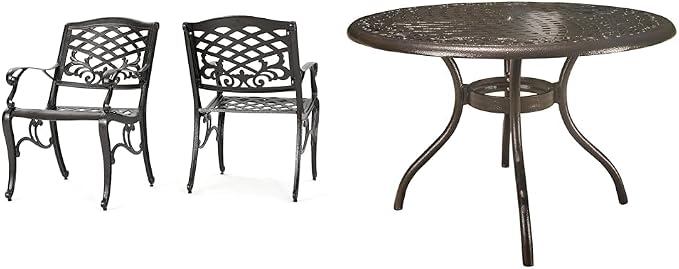 Christopher Knight Home 2-Piece Sarasota Cast Aluminum Outdoor Chairs & 47.75" Phoenix Hammered Bronze Cast Aluminum Round Table
