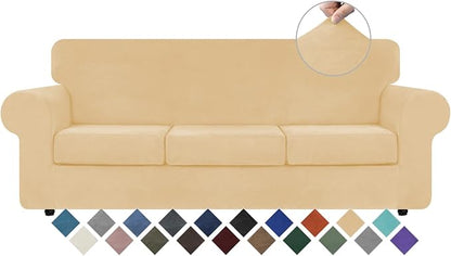 WEERRW 4 Pieces Couch Cover for Sofa Velvet Sofa Covers Washable, Champagne | Sofa Covers for 3 Cushion Couch Furniture Protector Sofa Slipcovers with Non Slip Elastic Bottom, Pet Friendly, Large