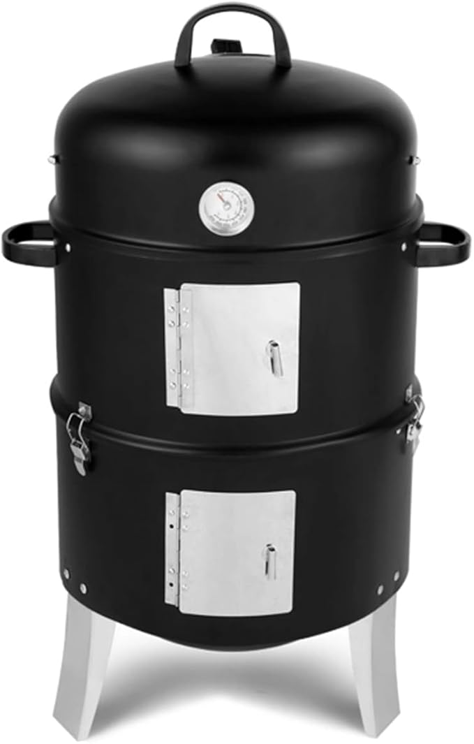 Portable Charcoal Grill, 17 "Grill for outdoor cooking, Heavy duty double circle grill for grilling, Smoker,Black steel vertical charcoal grill