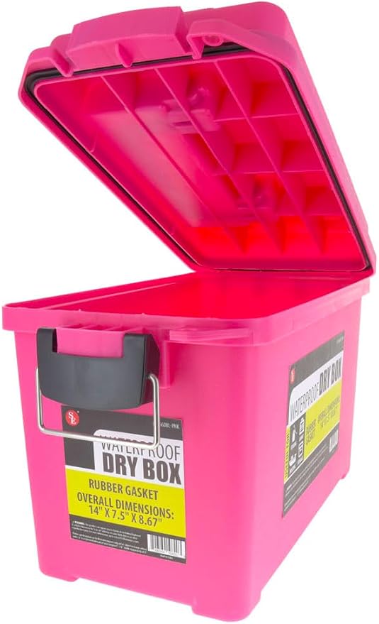 SE Waterproof Dry Box with Detachable Lid – 14" x 7.5" x 8.67" Pink Storage Case with Rubber Gasket Seal, Snap Closures & Handle for Camping, Boating, Fishing Gear & Outdoor Protection