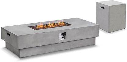 60-inch Outdoor Propane Fire Pit Coffee Table with Tank Cover, 50,000 BTU Concrete Rectangle Modern Outside Fire Table, Auto-Ignition, Included Lava Rocks, Metal Lid & Waterproof Cover