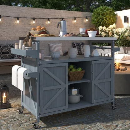 Outdoor Grill Cart with Storage, Rolling Bar Cart and Lockable Wheels, Farmhouse Solid Wood Outdoor Grill Table with Stainless Steel Top, Spice Rack, Towel Rack for Kitchen and BBQ, Grey Blue