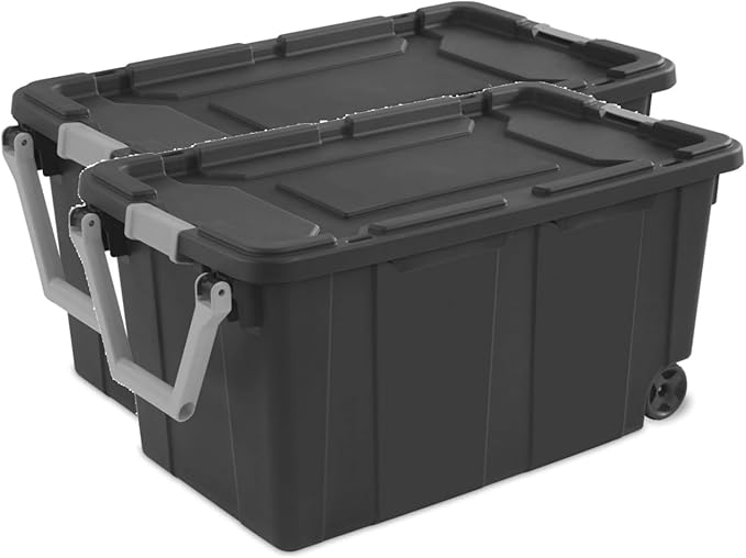 40 Gallon Stackable Wheeled Storage Bin for Garage Basement Camping Gear, Dark Gray, Pack of 2