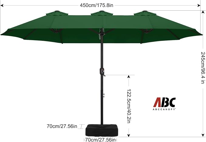ABCCANOPY 15FT Double-Sided Rectangle Patio Umbrella with Base, Green | Rectangular Outdoor Table Umbrella with Crank, Heavy Duty Market Umbrella Shade for Garden,Poolside, Lawn, Backyard