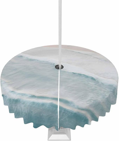 Summer Beach Outdoor Tablecloth - 60 Inch Round Dining Table Cover, Coastal Ocean Nautical Seaside Aqua Beige Waterproof Outdoor Table Cloth with Umbrella Hole & Zipper for Picnic/Patio/Party