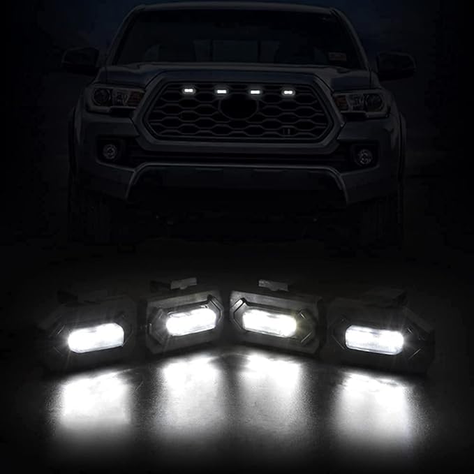 Upgraded Grill LED Lights 4PCS for Toyota Tacoma 2020 2021 2022 2023 TRD Off Road and TRD Sport OEM Grill, Aftermarket Replacement Warning LED Lights with Fuse (White Light/Smoked Lens)