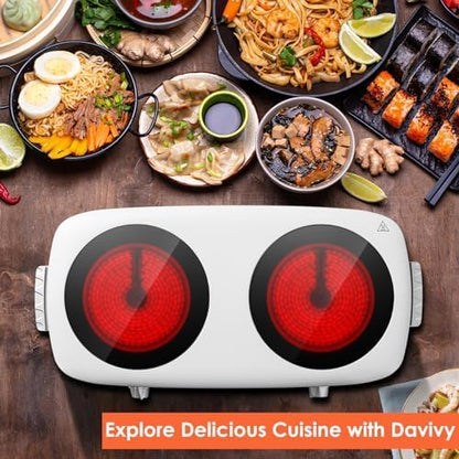 Davivy Hot Plate Electric Double Burner,1800W Rapid Heating Portable Cooktop with 7.9inch Crystallite Ceramic Glass Top,Flexible Temperature Settings,Lightweight Design for Cooking (Double-White)
