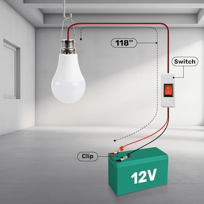 DC 12V LED Light Bulb Emergency Lamp Lights with 3 Meter Clamp Wiring & Switch for Camping Light, Outdoor Lighting, Motorcycle, Boat, RV Interior Low Volt Lightings, White 6500K, 2 Packs (6W)
