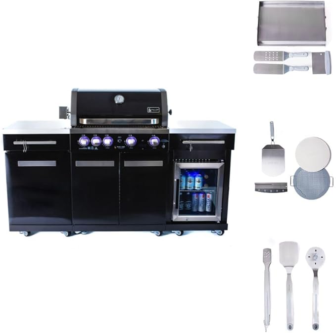 Mont Alpi Premium 70"W Black Stainless Steel Outdoor Kitchen Island with Refrigerator + 32"W 4-Burner BBQ Grill + Universal Flat Top Griddle + Pizza Peel + Cleaning Brush + Spatula + Cutter + Scraper