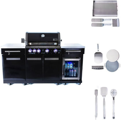Mont Alpi Premium 70"W Black Stainless Steel Outdoor Kitchen Island with Refrigerator + 32"W 4-Burner BBQ Grill + Universal Flat Top Griddle + Pizza Peel + Cleaning Brush + Spatula + Cutter + Scraper