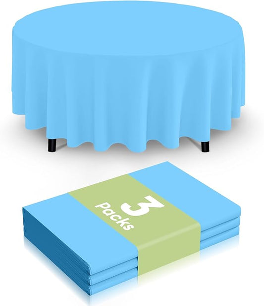 Smiry Disposable Table Cloth 3 Pack, 84 Inch Round Waterproof Plastic Tablecloth, Decorative Round Table Covers for Party, Birthday, Picnic, Light Blue