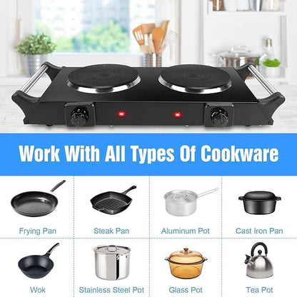 2000W Electric Dual Burner Portable Coil Heating Hot Plate Stove Countertop RV Hotplate with 5 Temperature Adjustments Porta-ble Handles