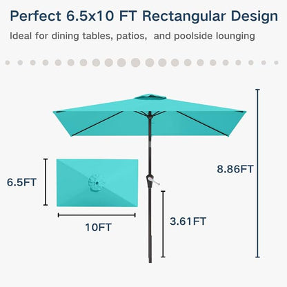 6.5' x 10' Rectangular Patio Umbrella Large Outdoor Market Umbrella w/UV Protection, Push Button Tilt and Crank Lift, Rectangle Table Umbrella for Garden, Deck, Pool, Patio, Aqua Blue