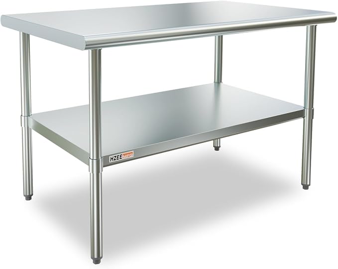 Stainless Steel Prep Table with Undershelf 48x30 Inches 4ft | Heavy Duty Metal Workbench with Adjustable Lower Shelf for Commercial Kitchen Restaurant Laundry Garage Hotel Workshop Chef