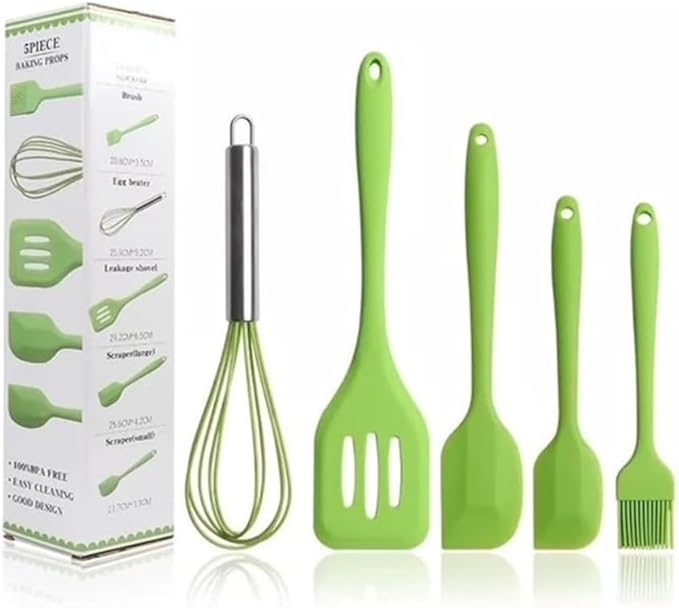 5-Piece Silicone Spatula Set with Egg Whisk & Basting Brush – Heat Resistant, Non-Stick, BPA-Free Kitchen Utensils for Cooking, Baking & Grilling – Dishwasher Safe – (Red, Black, Green, Pink) (Green)