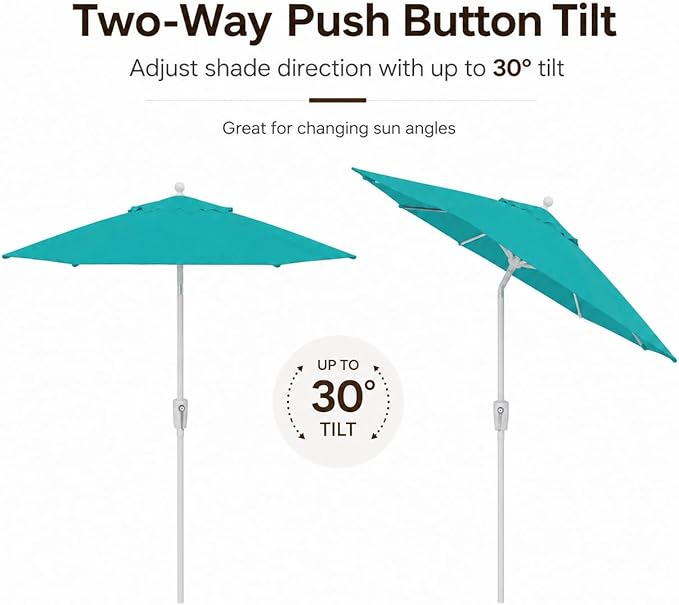 Treasure Garden 7.5ft Patio Umbrella – Outdoor Market Umbrella – Push Button Tilt – White Aluminum Frame (O’bravia, Aqua)