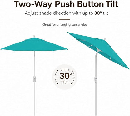 Treasure Garden 7.5ft Patio Umbrella – Outdoor Market Umbrella – Push Button Tilt – White Aluminum Frame (O’bravia, Aqua)