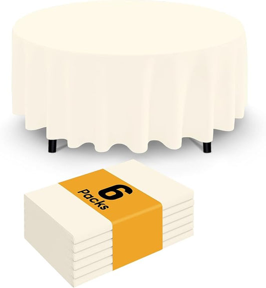 Smiry Disposable Table Cloth - 6 Pack, 84 Inch Round Waterproof Tablecloths for Parties, Decorative Plastic Table Cover, Leakproof & Sturdy, Beige
