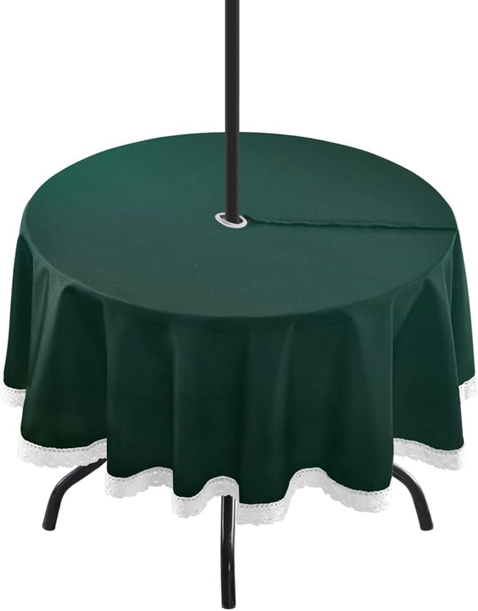 YETTASBIN Hunter Green Outdoor Tablecloth 60 Inch Waterproof Stain Wrinkle Resistant Washable Round Table Cover with Umbrella Hole and Zipper for Patio BBQ Backyard Holiday Party Decor