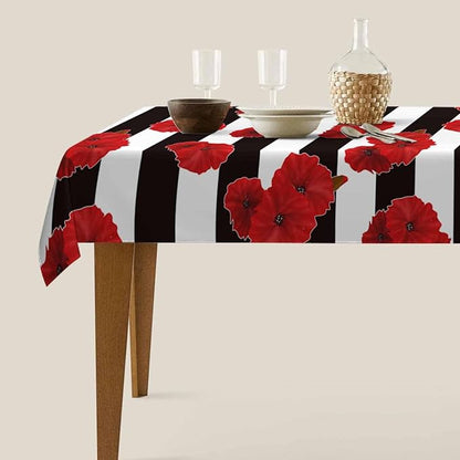 TKS MITLAN Black White Stripe Tablecloth 60x84 Inch Rectangular Red Flower Poppy Petal Bloom Bright Color Plant Oblong Table Cloth Kitchen Table Decorations for Home Dinner Party