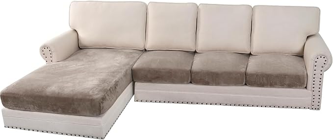H.VERSAILTEX Velvet Stretch Sectional Couch Covers 4 Pieces Sofa Seat Cushion Covers L Shape Separate Cushion Couch Cover for Both Left/Right Sectional Couch (Large Sofa 3 Seater + 1 Chaise, Taupe)