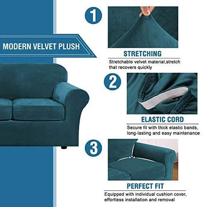H.VERSAILTEX Real Velvet Plush 3 Piece Stretch Sofa Covers Couch Covers for 2 Cushion Couch Sofa Slipcovers Width Up to 90 Inch Feature Thick Soft Stay in Place (Large Sofa, Deep Teal)