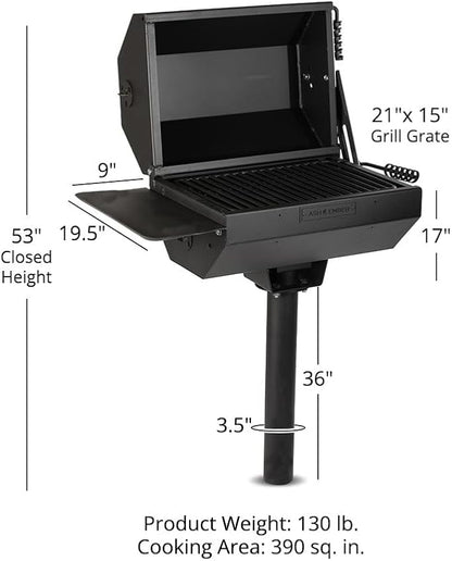 Ash & Ember Park-Style Grill & Smoker, 390 Sq. In Charcoal Grill with Cover, Side Shelf for BBQ Cooking Prep & Accessories, Single Post Barbeque Grill, Outdoor Grills & Smokers