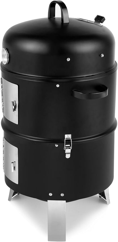 Vertical Steel Charcoal Smoker, Heavy Duty Double Layer Round BBQ Grill For Outdoor Cooking Black Effortless Temperature Control Large Cooking Capacity Have Perfectly Cooked and Delicious Food