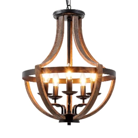 5-Light Semi-Globle Natural Wood Grain Finish Farmhouse Chandelier, Ceiling Light with Adjustable High AW-D046-C