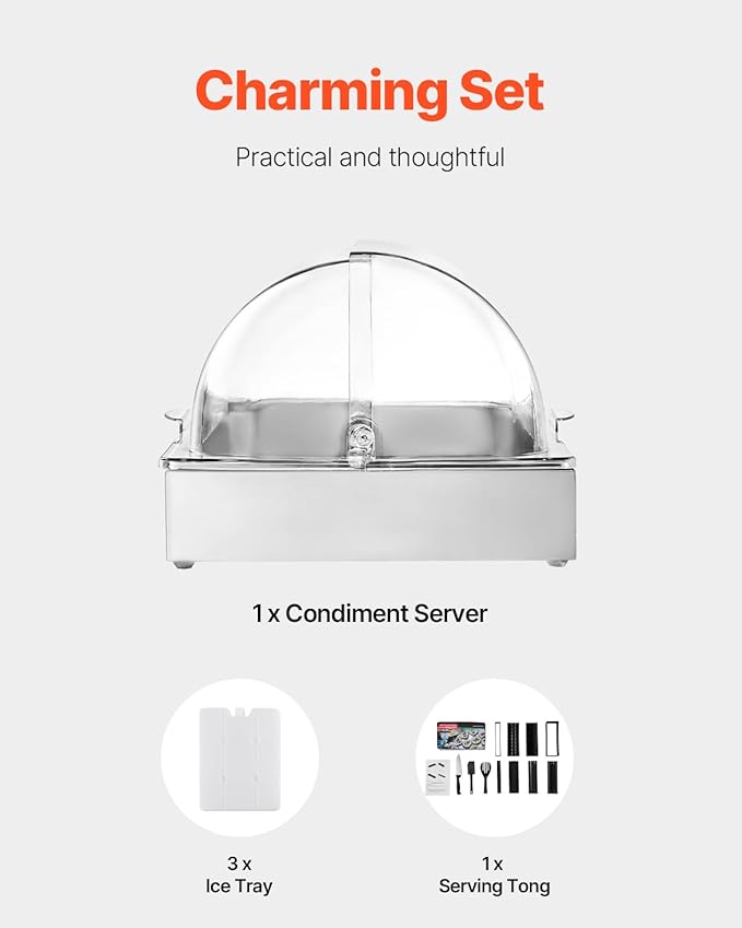 VEVOR Countertop Food Serving Display Container, 1 x 1 Pan Stainless Steel Food Serving Tray, Buffet Condiment Dispenser Display Rack with Clear Lid & 3 Ice Trays, for Restaurant Hotel Kitchen Party