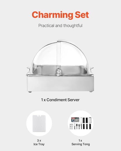 VEVOR Countertop Food Serving Display Container, 1 x 1 Pan Stainless Steel Food Serving Tray, Buffet Condiment Dispenser Display Rack with Clear Lid & 3 Ice Trays, for Restaurant Hotel Kitchen Party