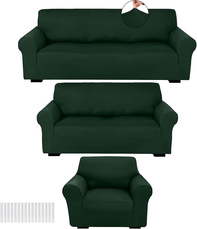 Peryiter 3 Pcs Couch and Loveseat Sofa Covers,Dark Green,Milk Silk | Armchair Covers for Living Room, Sofa Cushion Slipcover, Furniture Protector, Polyester and Spandex, Washable