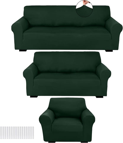 Peryiter 3 Pcs Couch and Loveseat Sofa Covers,Dark Green,Milk Silk | Armchair Covers for Living Room, Sofa Cushion Slipcover, Furniture Protector, Polyester and Spandex, Washable