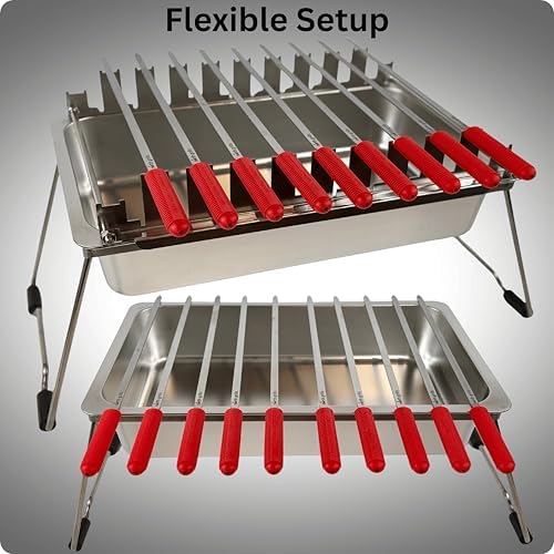Charcoal Kabob Grill with Spin Grill Attachment by 𝗡𝗼𝗿𝘁𝗵 𝗚𝗿𝗶𝗹𝗹𝘀: precise heat control, silicone-handle square & flat skewers, charcoal starter tool, tongs, BBQ gloves, and storage & travel