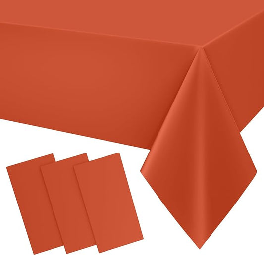 Smiry Disposable Table Cloth 3 Pack, 54 x 108 Inch Waterproof Plastic Tablecloth, Decorative Rectangle Table Covers for Party, Birthday, Picnic, Rust