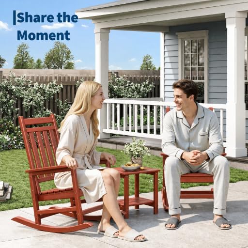 Garvee HDPE Rocking Chair Outdoor Set of 2 with Side Table - Poly High Back Porch Rocker Chairs for Adults - All Weather Resistant Furniture for Patio Front Porch - Red