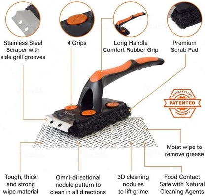 Proud Grill Q-Swiper XL BBQ Grill Brush Cleaner Set - 1 Long Grill Brush with Scraper & 40 Cleaning Wipes, Easy-Clean, Bristle & Wire Free, Grease & Grime Remover, Cleaner Kit for Outdoor Smoker