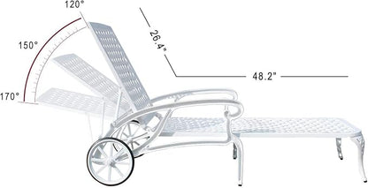 KEIKI Chaise Lounge Chair Outdoor Set of 2, Aluminium Cast Patio Chaise Lounge with Adjustable Backrest and Moveable Wheels, 3 Pieces Outside Tanning Chair, White and White (Side Table Not Included)