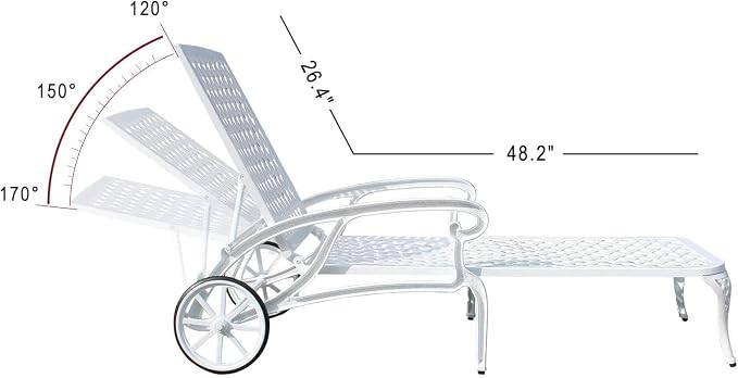 KEIKI Chaise Lounge Chair Outdoor, Aluminium Cast Patio Chaise Lounge with Adjustable Backrest and Moveable Wheels, Outside Tanning Chair, White (Side Table Not Included)