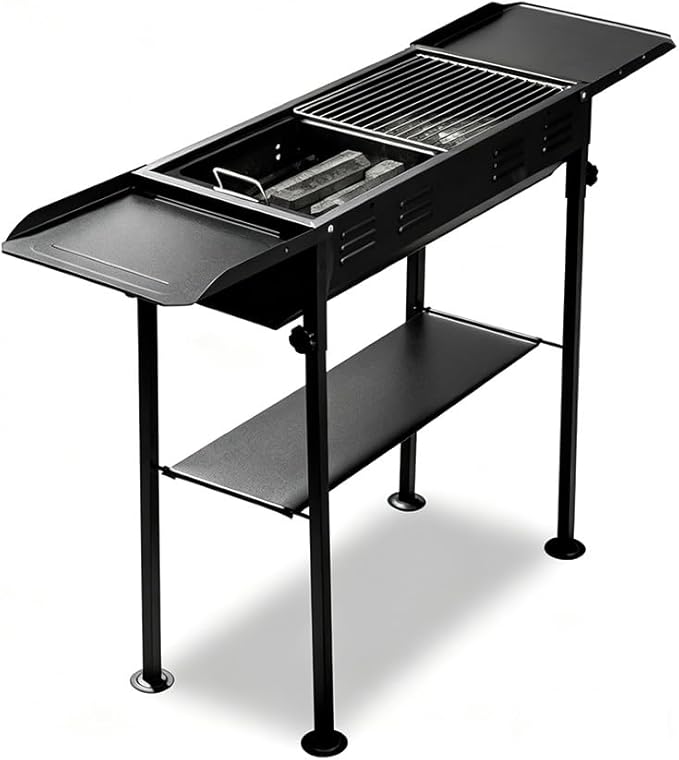 Adjustable Height Charcoal Grill, Large Cooking Area, Foldable with Side Shelves for 8-12 People Backyard Parties