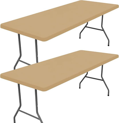 Moosfor 2 Pack Rectangle Spandex Fitted Table Cloth, 8FT Elastic Tablecloth | Washable Picnic Table Cover, Stretch Waterproof Table cloths for Party, Patio, Dining, Kitchen, 30" x 96", Dark Khaki